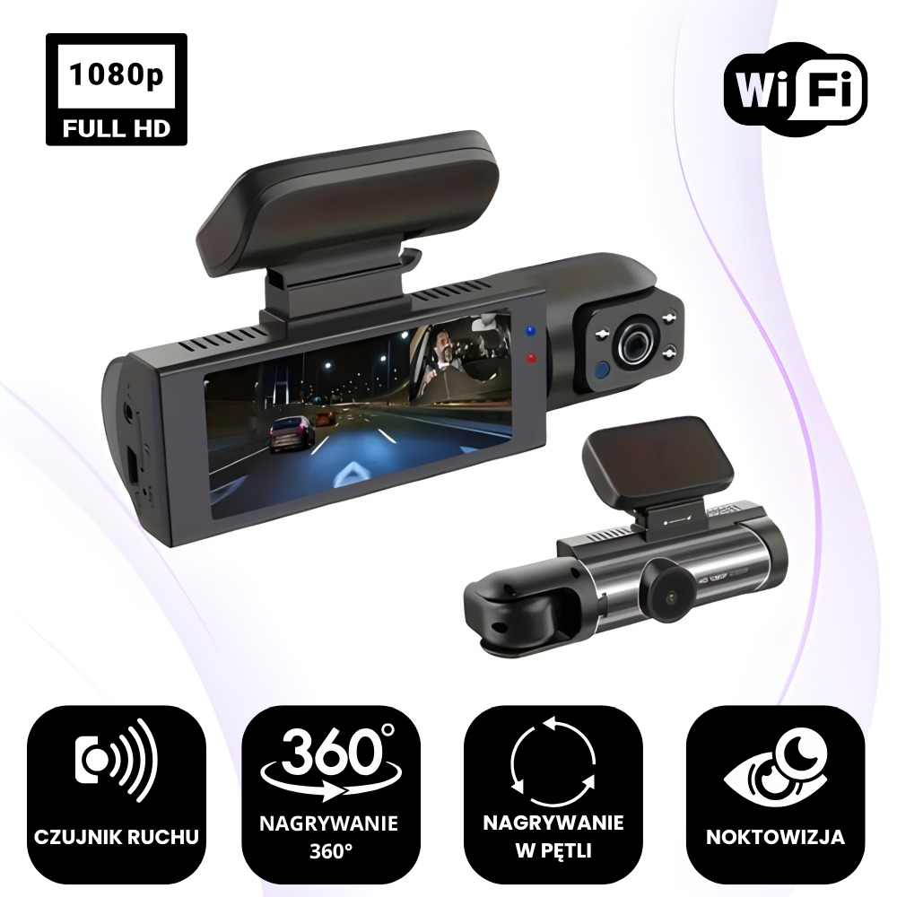 RoadGuard™ – DualCam 360°, 1080 P, Wi-Fi, noktowizja & Tryb parkingowy 24/7